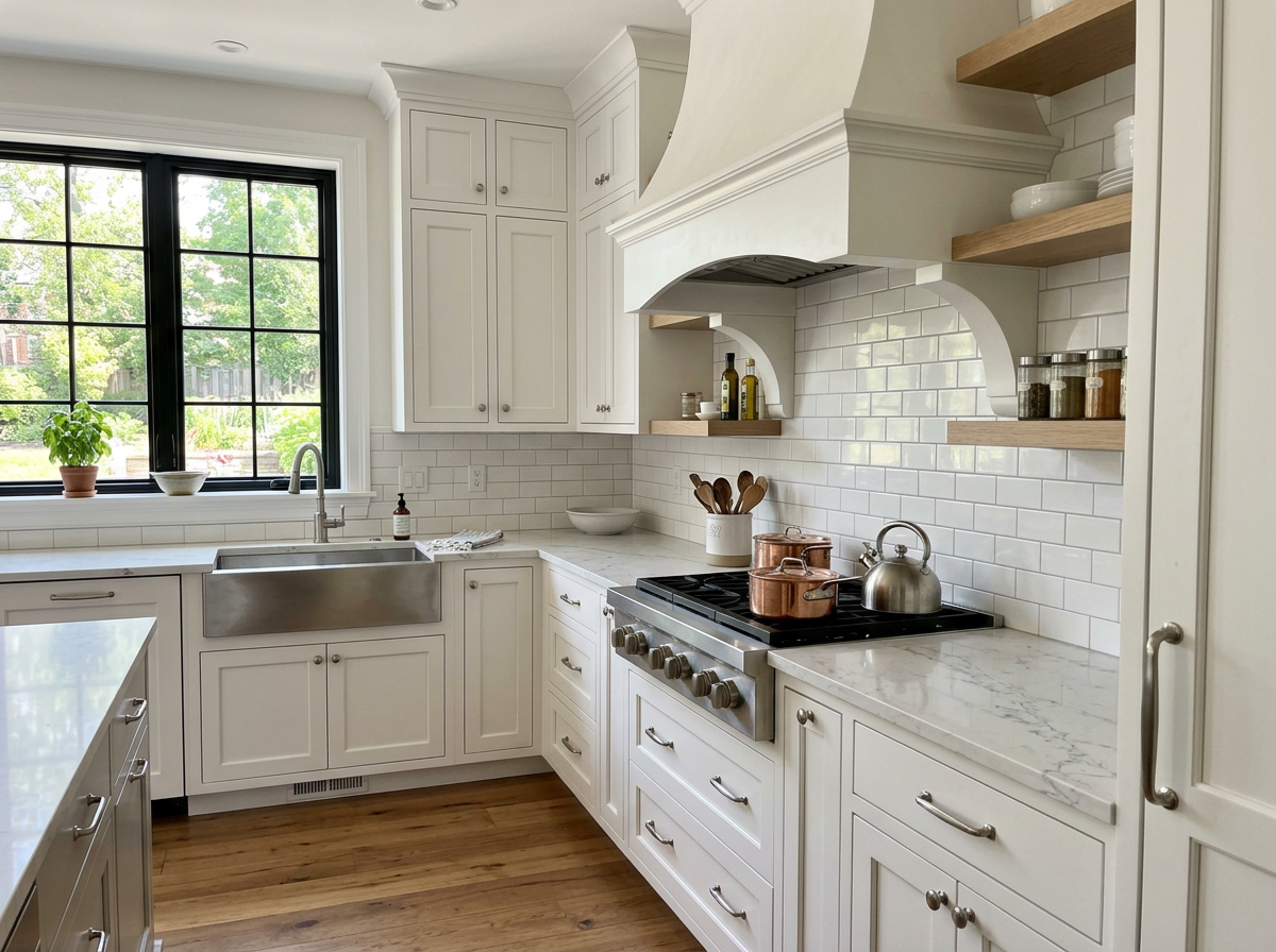White shaker kitchen with marble-look quartz countertops and subway tile backsplash