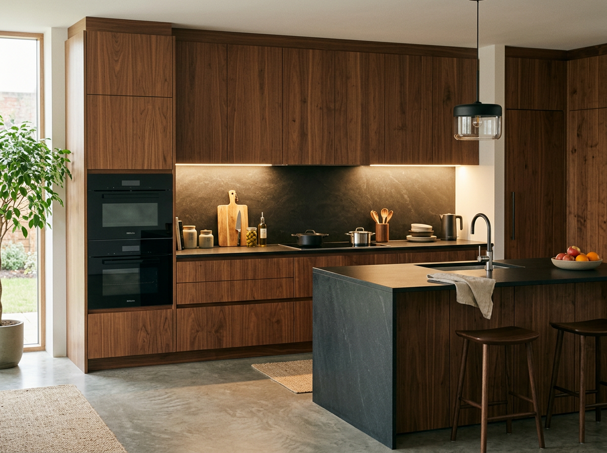 Modern handleless walnut kitchen with dark honed stone countertop