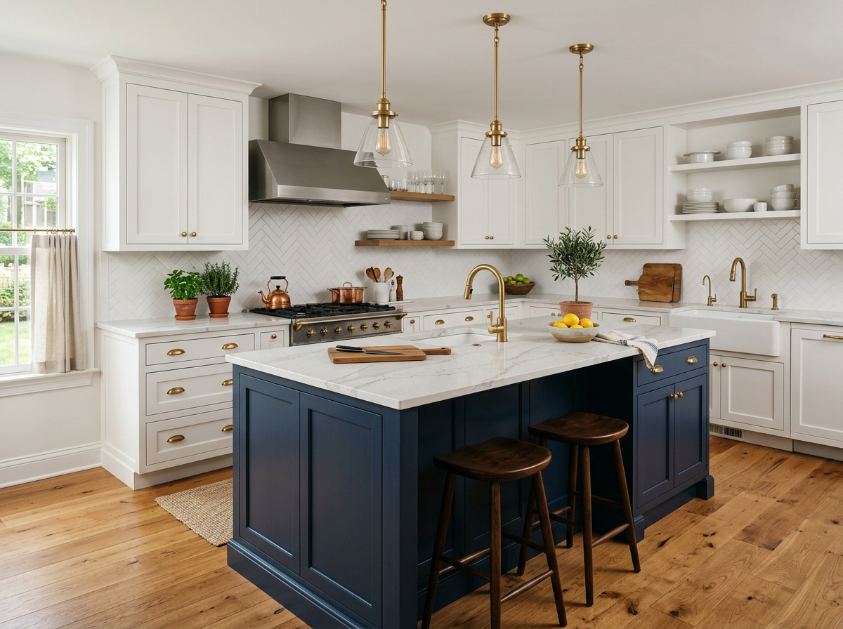 Kitchen with navy blue island and white perimeter cabinets