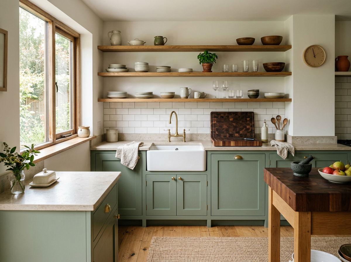 Sage green shaker kitchen with open wood shelving and farmhouse sink