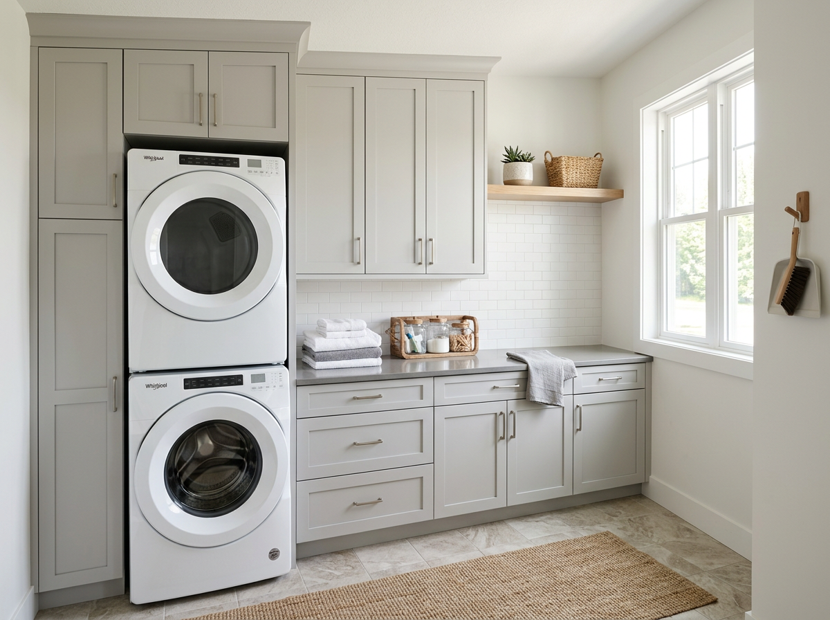 Laundry room with custom light grey cabinets and a folding counter