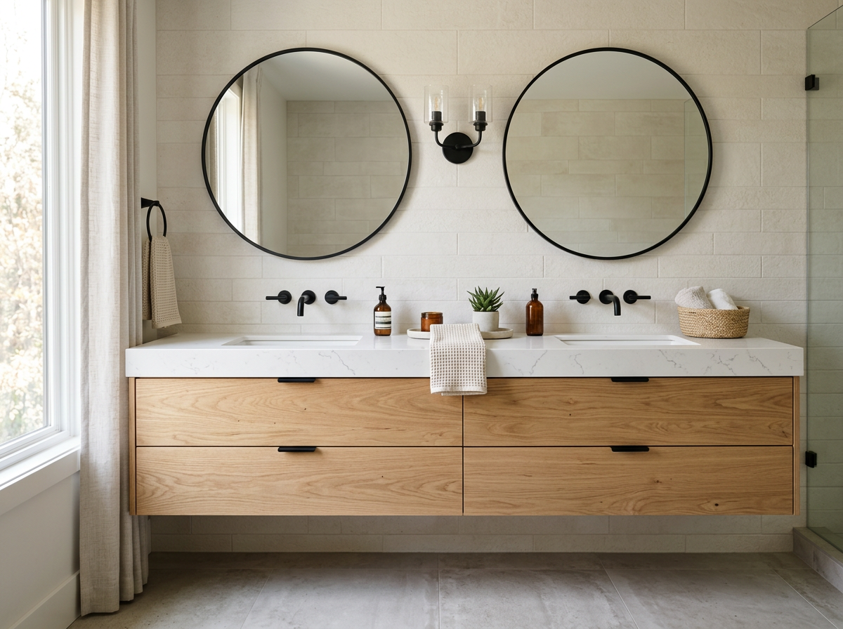 Bathroom with floating oak double vanity and white quartz top