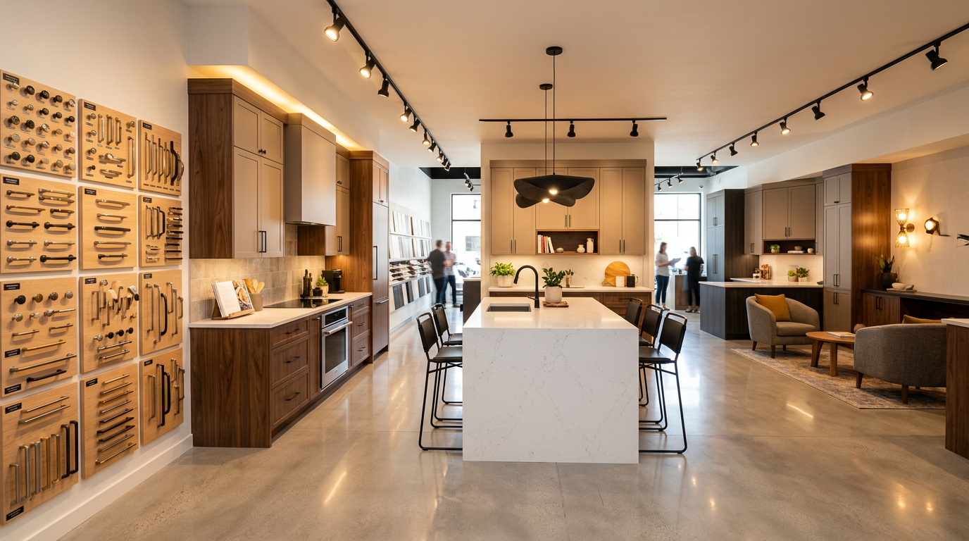 Showroom floor with full-size kitchen displays in sage green, walnut, and white