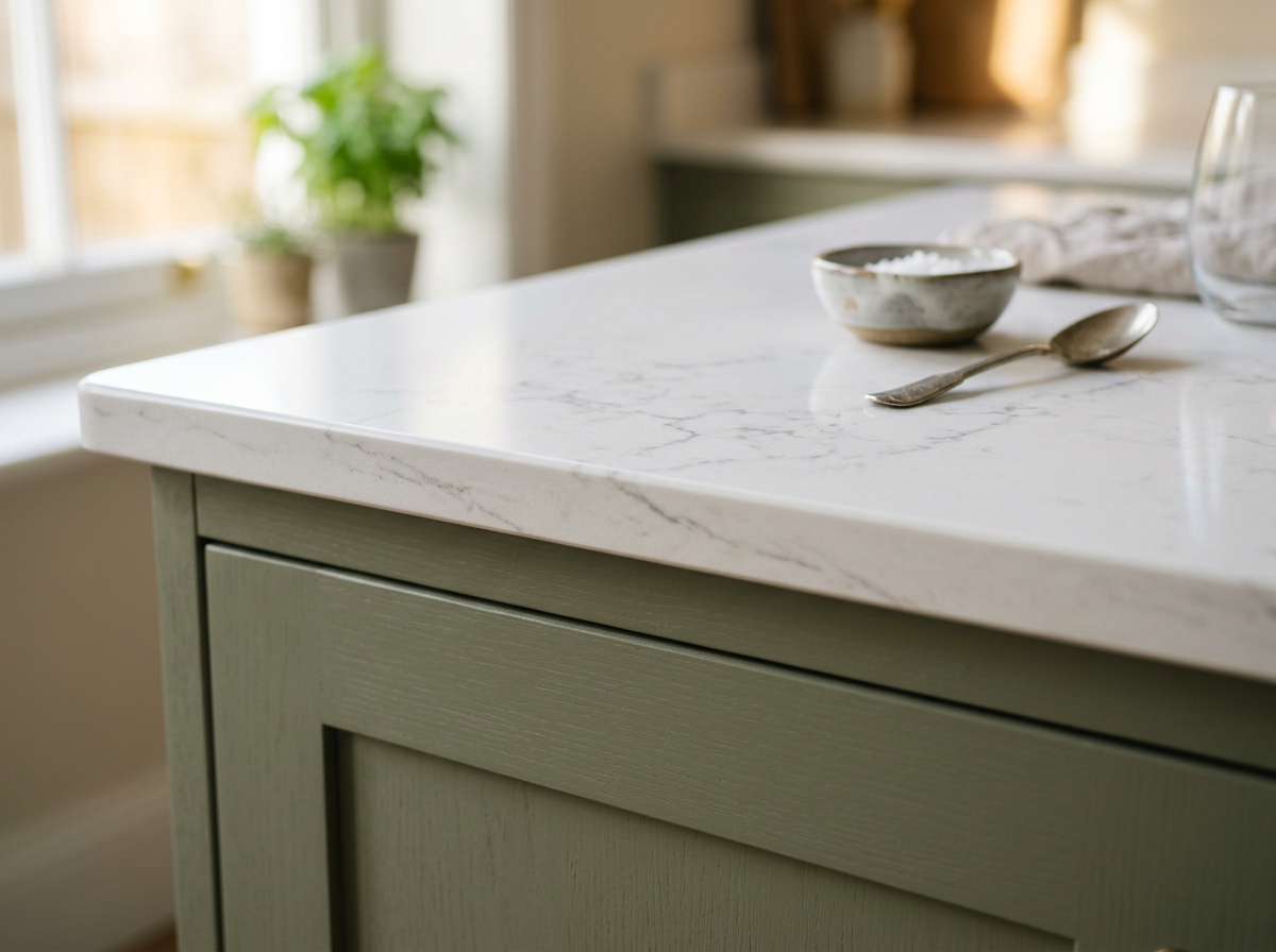 Polished quartz countertop surface with soft veining
