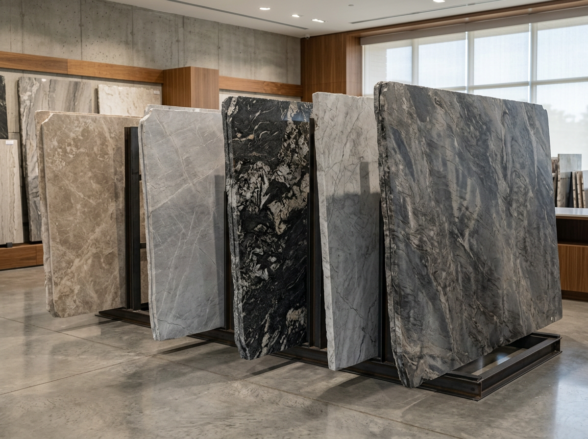 Upright natural stone and quartzite slabs in taupe, grey, and charcoal